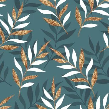 Seamless abstract floral pattern background with branches and gold leaves Stock-Illustration