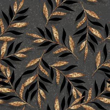 Seamless abstract floral pattern background with branches and gold leaves Stock Illustration