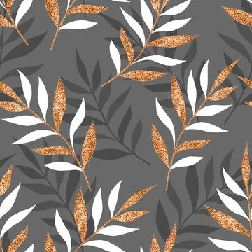 Seamless abstract floral pattern background with branches and gold leaves Illustrazione stock