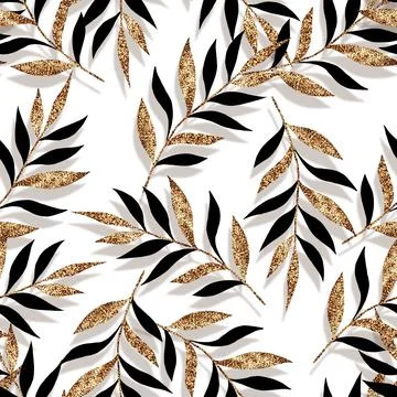 Seamless abstract floral pattern background with branches and gold leaves Stock-Illustration