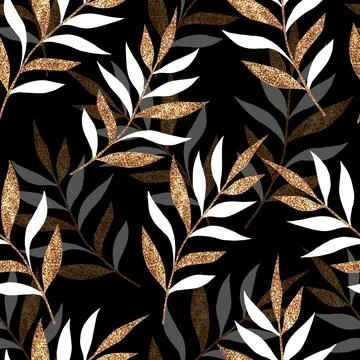 Seamless abstract floral pattern background with branches and gold leaves Stock Illustration