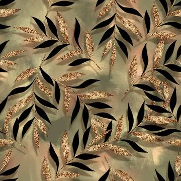 Seamless abstract floral pattern background with branches and gold leaves Stock Illustration