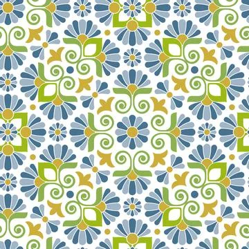 Seamless abstract floral pattern with geometric blue flowers. Stock Illustration