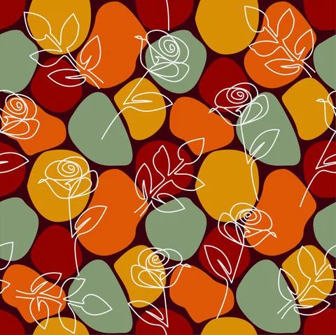 Seamless abstract floral pattern. Rose one line drawing on spotted background Stock Illustration