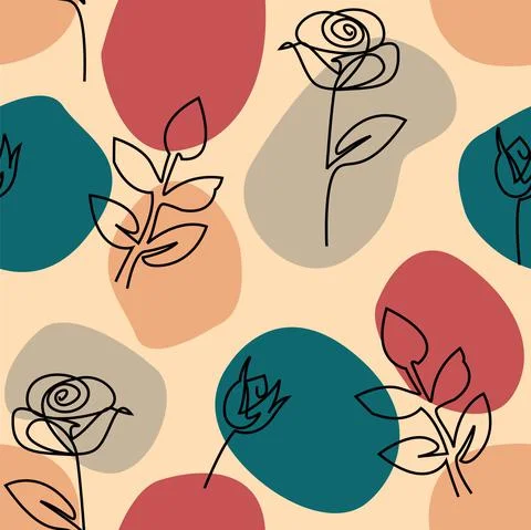 Seamless abstract floral pattern. Rose one line drawing on spotted background fo Stock Illustration