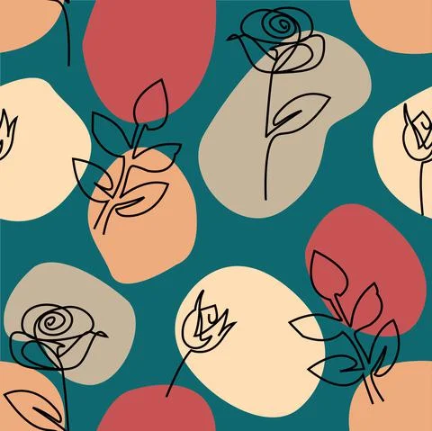 Seamless abstract floral pattern. Rose one line drawing on spotted background fo Stock Illustration