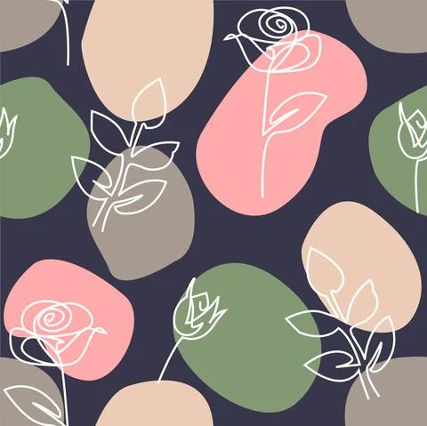 Seamless abstract floral pattern. Rose one line drawing on spotted background fo Stock Illustration