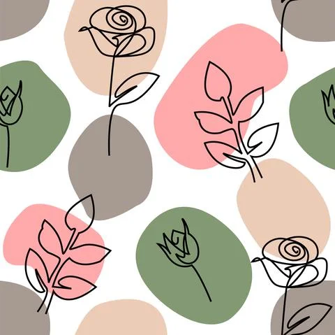 Seamless abstract floral pattern. Rose one line drawing on spotted background fo Stock Illustration