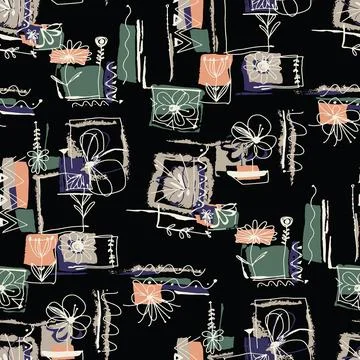 Seamless abstract flower patchwork pattern on black background Stock Illustration
