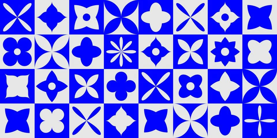 Seamless abstract flower shape pattern. Bold Swiss mosaic block forms in Illustrazione stock