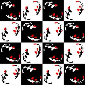 Seamless abstract geometric pattern on a chess background with fish Stock Illustration
