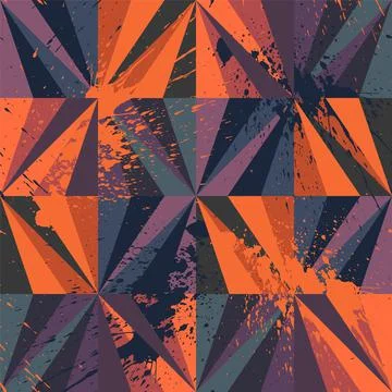 Seamless abstract geometry pattern with colorful triangles and grunge spots Stock Illustration