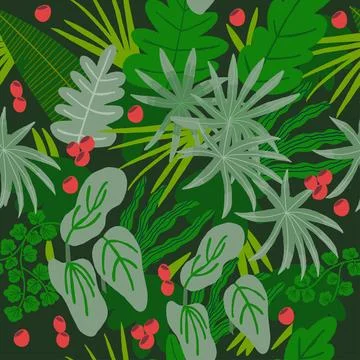 Seamless abstract green pattern with leaves, berries, vector floral background Illustrazione stock