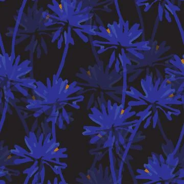 Seamless abstract hand drawn blue flowers on black  background , greeting car Illustrazione stock