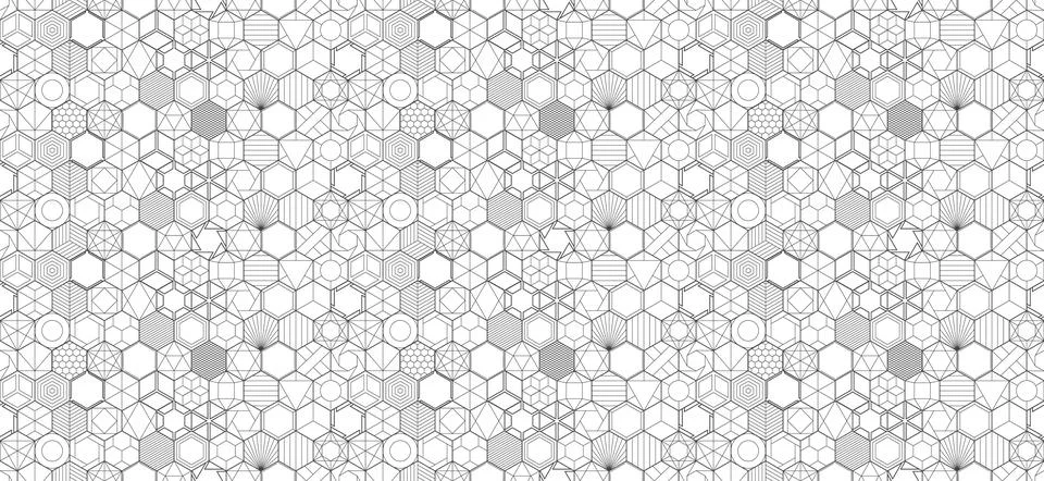 Seamless abstract hexagon pattern with thin dark linework. Each hex cell has  Stock Illustration