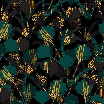Seamless abstract jungle pattern on black background , greeting card or fabri Stock Illustration