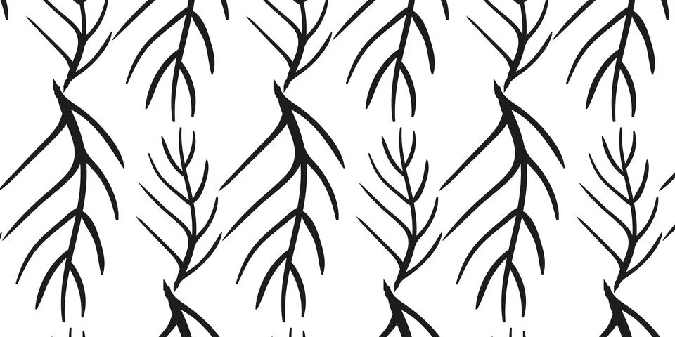 Seamless Abstract Leaf Branch Pattern with Black Botanical Lines Stock Illustration