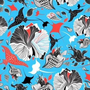 Seamless abstract marine pattern with rays and algae Stock Illustration