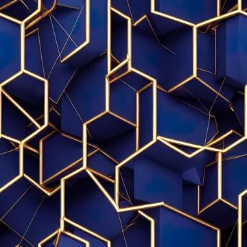 Seamless abstract parallel straight and curved lines, dark blue and gold Stock Illustration