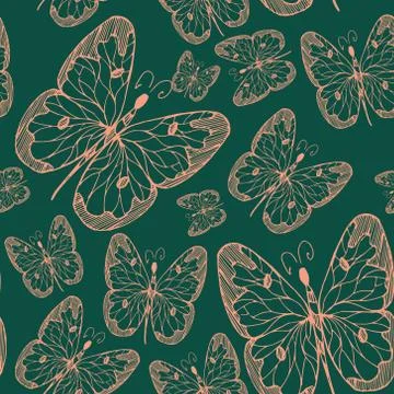 Seamless abstract pattern background with flying hand drawn butterflies. Vector Illustrazione stock