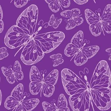 Seamless abstract pattern background with flying hand drawn butterflies. Vector Illustrazione stock