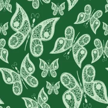 Seamless abstract pattern background with flying hand drawn butterflies. illu Illustrazione stock
