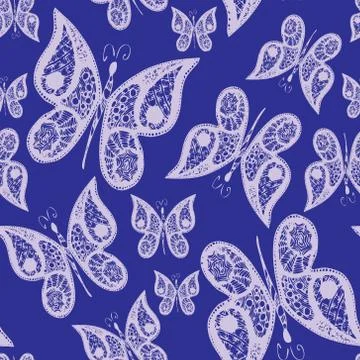 Seamless abstract pattern background with flying hand drawn butterflies. illu Illustrazione stock
