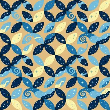 Seamless Abstract Pattern with Blue and Yellow Petal Shapes and Celestial M.. Stock Illustration
