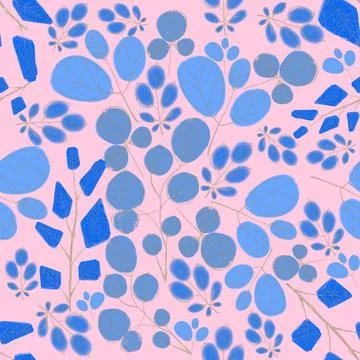 Seamless abstract pattern with blue flowers. Leaves with golden branches. Stock Illustration