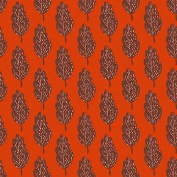 Seamless abstract pattern with brown autumn leaf shapes. Red bright backgroun Illustrazione stock