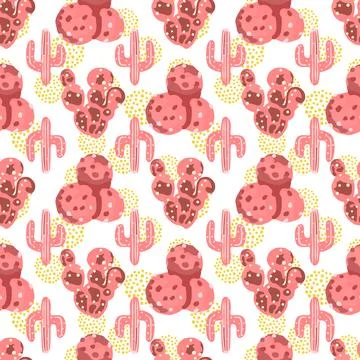 Seamless abstract pattern with cactus in pink colors and yellow circle dots Stock Illustration