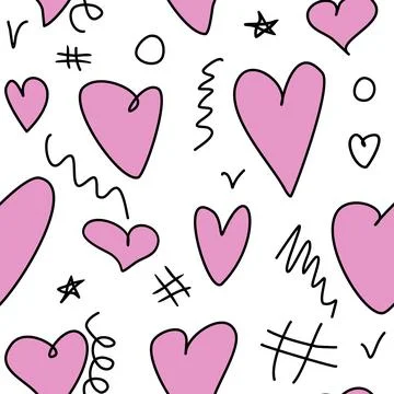 Seamless abstract pattern of different pink hearts and doodles. Freehand sc.. 스톡 일러스트
