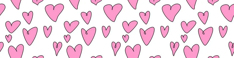 Seamless abstract pattern of different pink contour hearts. Hand drawn doodle Stock Illustration