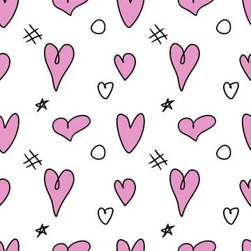 Seamless abstract pattern of different pink hearts and doodles. Freehand scri Stock Illustration