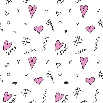 Seamless abstract pattern of different pink hearts and doodles. Freehand sc.. 스톡 일러스트