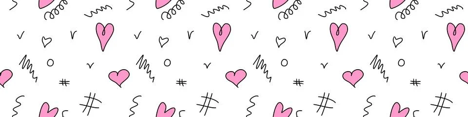Seamless abstract pattern of different pink hearts and doodles. Freehand sc.. 스톡 일러스트
