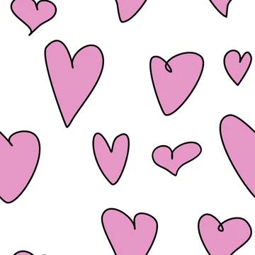 Seamless abstract pattern of different pink contour hearts. Hand drawn doodle Stock Illustration