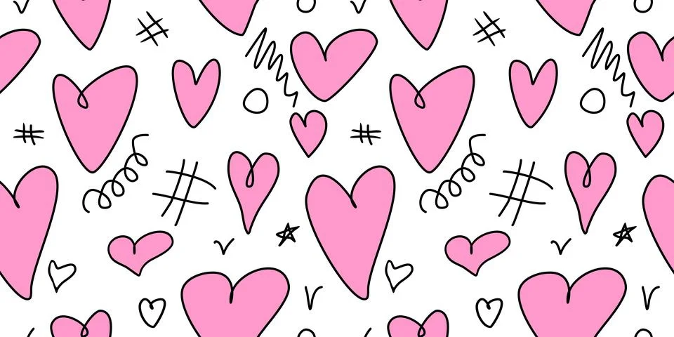 Seamless abstract pattern of different pink hearts and doodles. Freehand sc.. Illustrazione stock