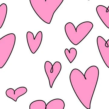 Seamless abstract pattern of different pink contour hearts. Hand drawn dood.. Stock Illustration