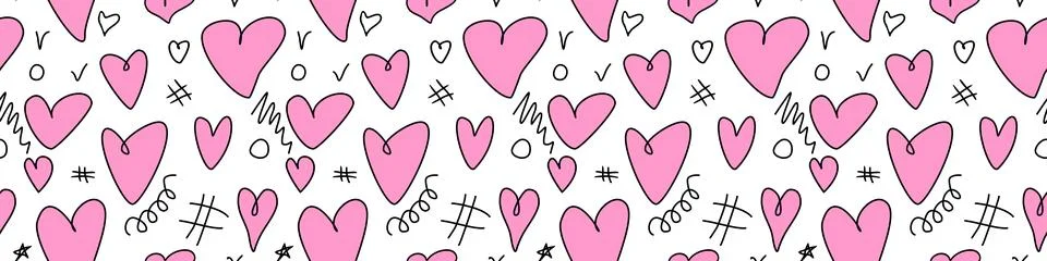 Seamless abstract pattern of different pink hearts and doodles. Freehand scri Stock Illustration
