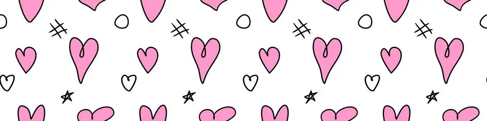 Seamless abstract pattern of different pink hearts and doodles. Freehand sc.. 스톡 일러스트