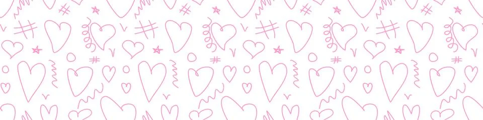 Seamless abstract pattern of different pink outline of hearts and doodles. Fr Illustrazione stock