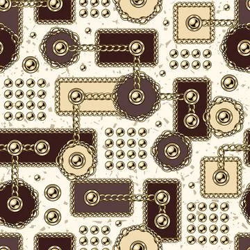 Seamless abstract pattern with geometric shapes, gold chains, beads, buttons Stock Illustration