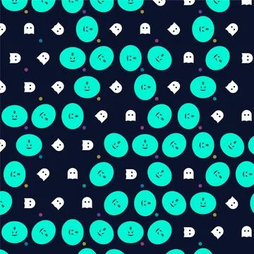 Seamless abstract pattern with glowing cyan circles and cute white ghost ic.. Stockillustratie