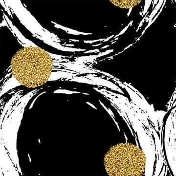 Seamless Abstract Pattern with gold dots. Background with Brush Painted black Illustrazione stock