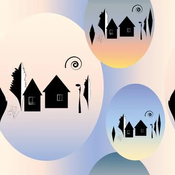 Seamless abstract pattern of gradient ovals and unusual landscape. Stockillustratie