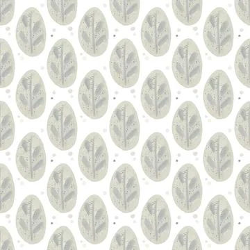 Seamless abstract pattern with grey textured leaves and pastel dots Stock Illustration