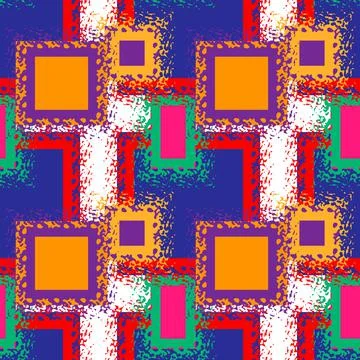 Seamless abstract pattern with neon squares, drops and splashes. Retro 80s st Stock Illustration