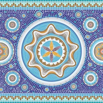 Seamless abstract pattern oriental blue mosaic texture tessellated border Stock Illustration
