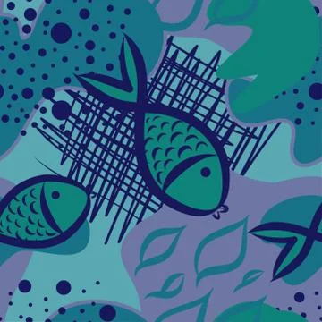 Seamless abstract pattern pastel colors - funny  drawing with hand drawn fish. Stock Illustration